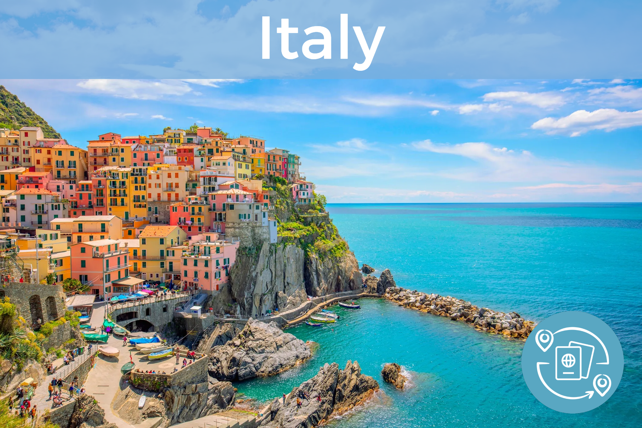 View of colorful italian village on a cliff by the sea with "Italy" written at the top