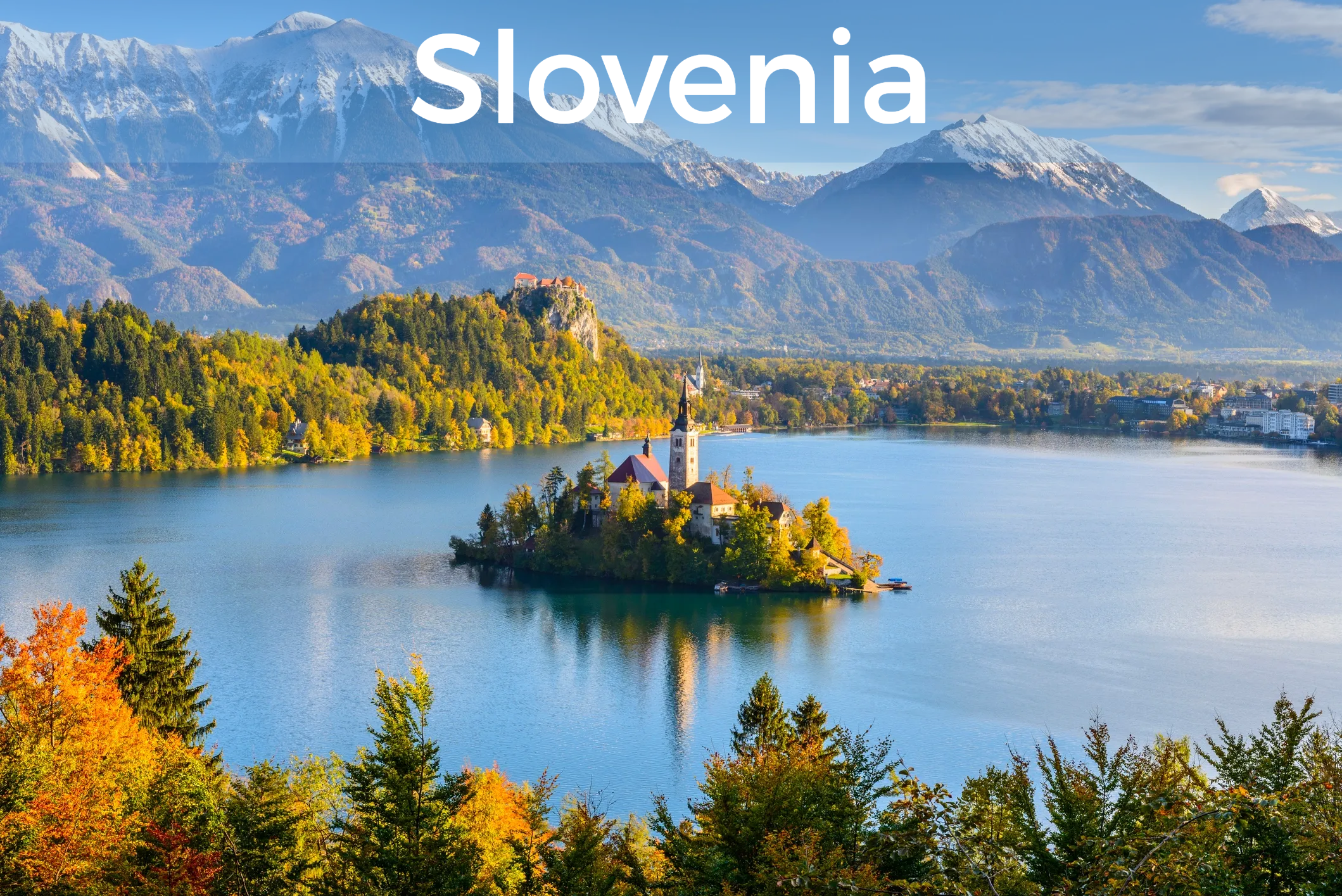 Lake with island in the middle and "Slovenia" at top. Click to learn more about Slovenia.