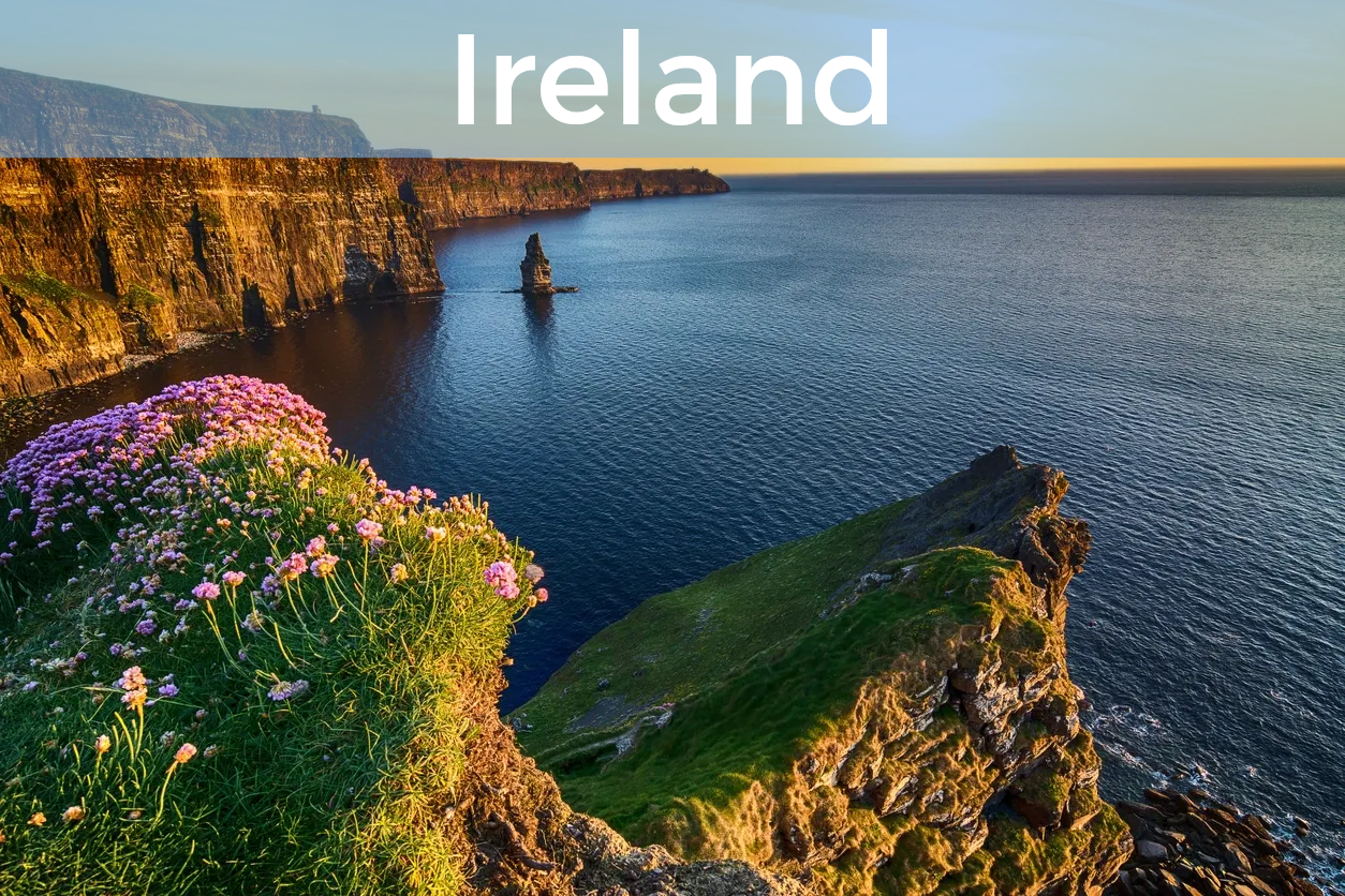 Green cliff on the sea with "Ireland" at top. Click to learn more about Ireland.