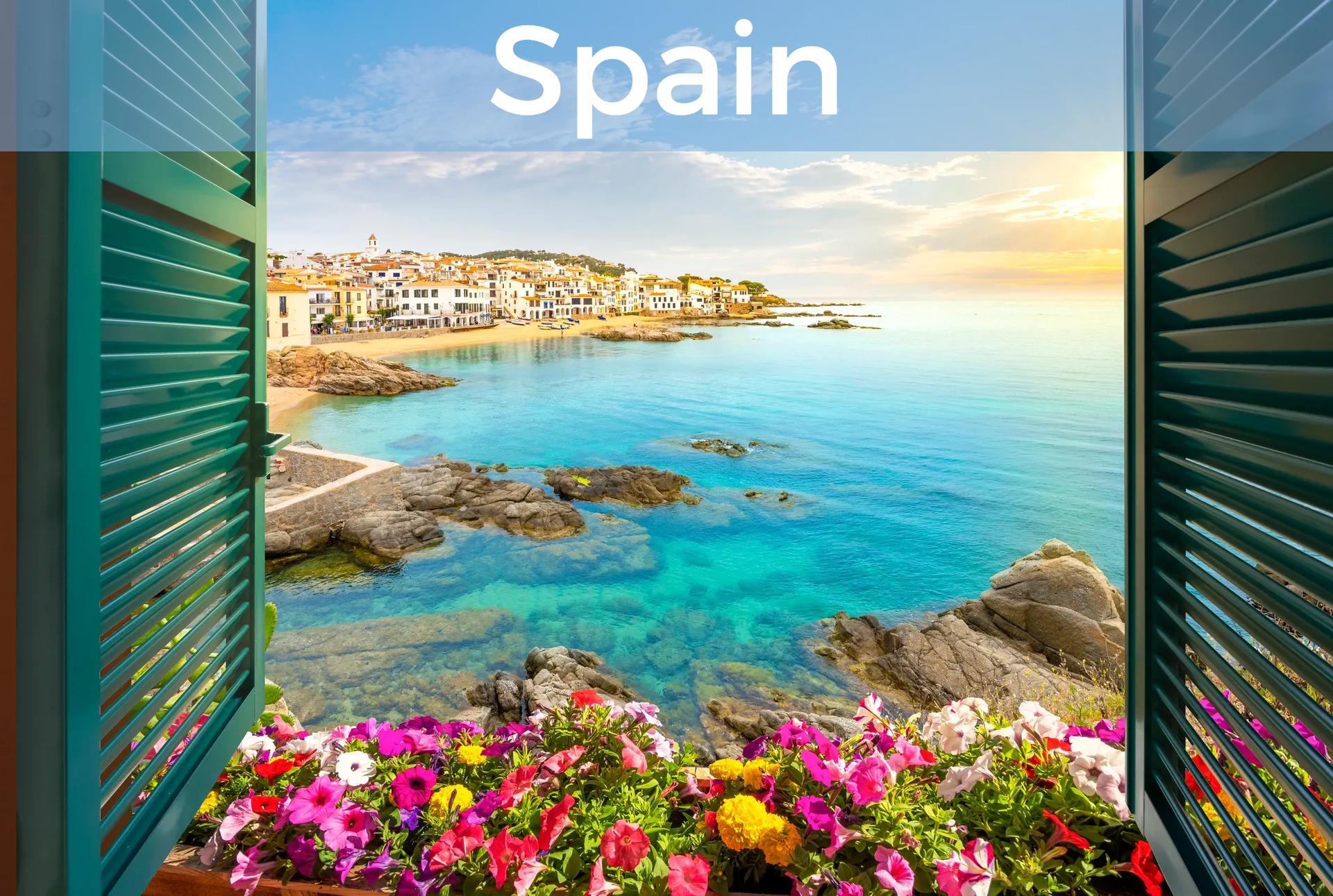 Open window looking out to the sea and a village with "Spain" at top. Click to learn more about Spain.