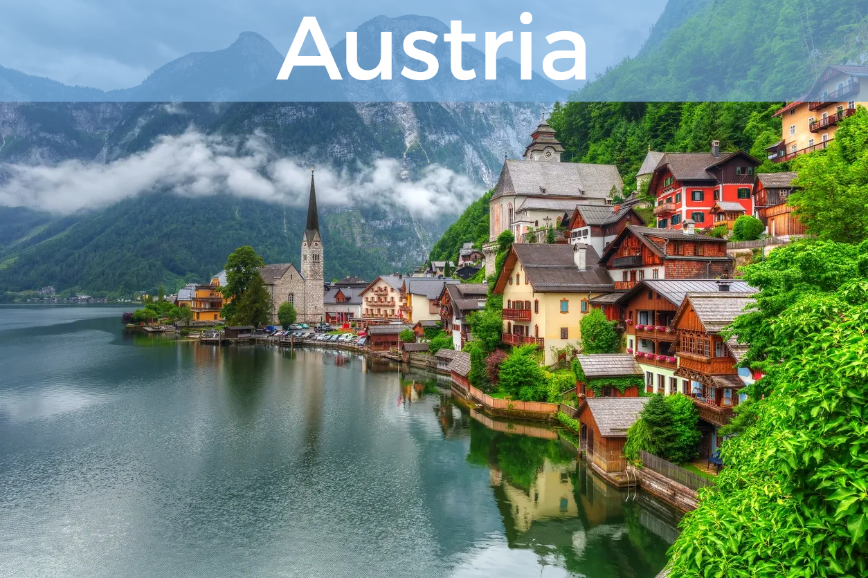 View of Austrian village by a lake with "Austria" at the top. Click for more.