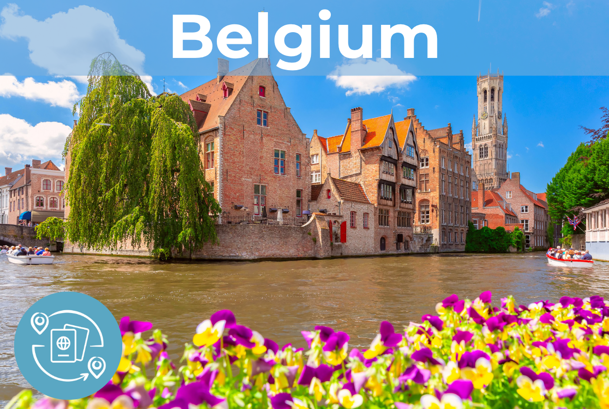 A view of houses and flowers on a Belgian canal with "Belgium" at the top.