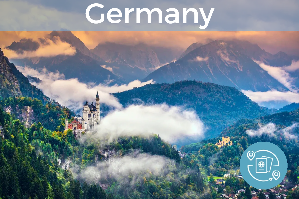 A historical castle in the mountains with the word "Germany" at the top