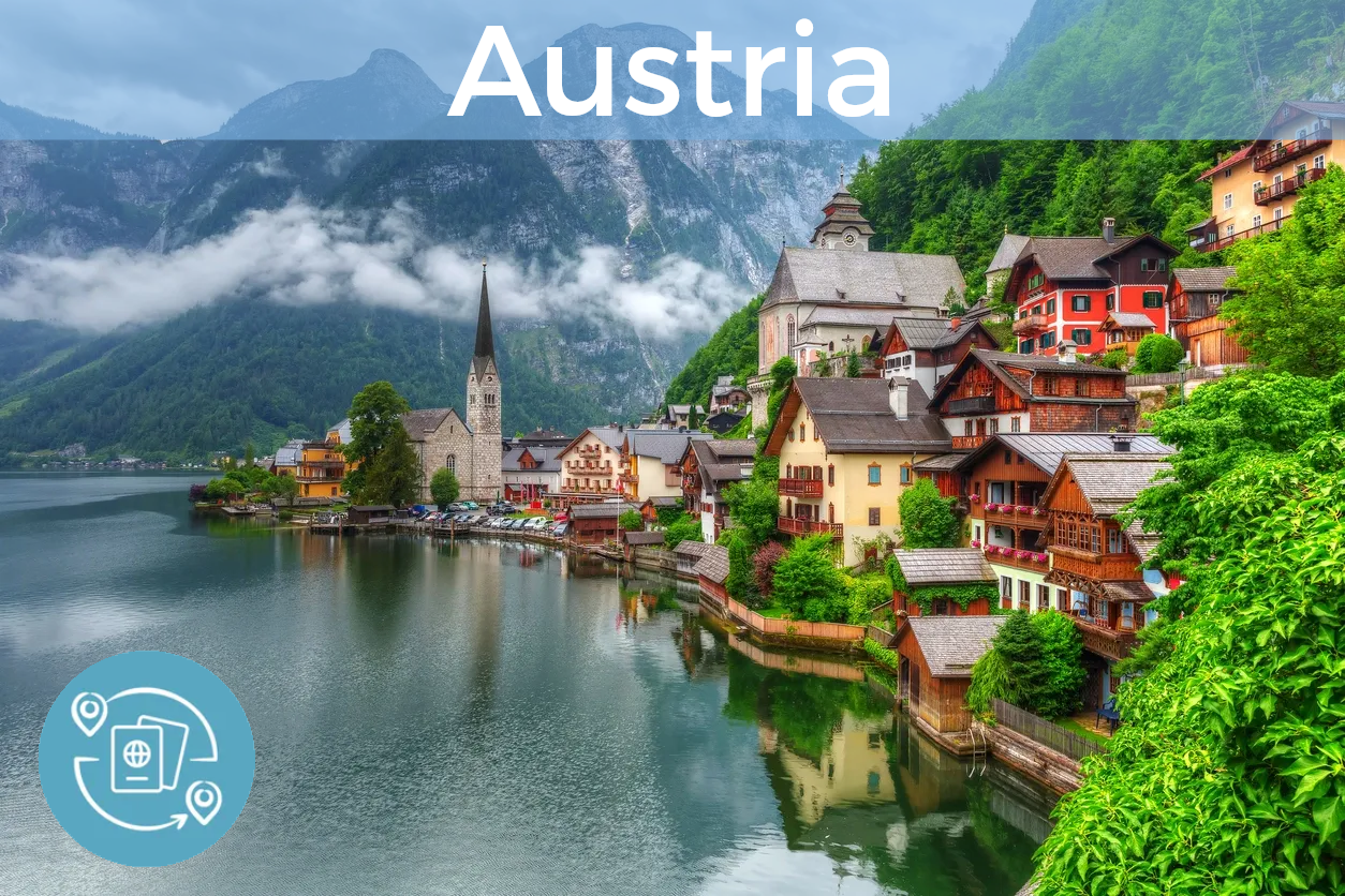Austrian village on a lake with mountains in the back and "Austria" written at the top