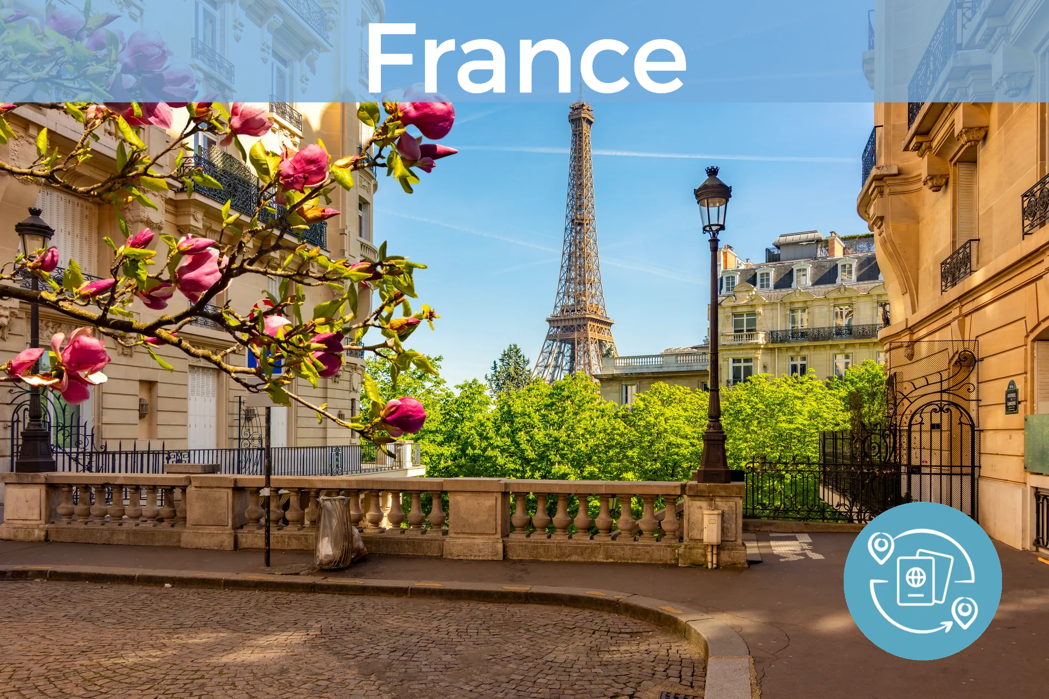 View of the Eiffel Tower in Paris with "France" written at the top