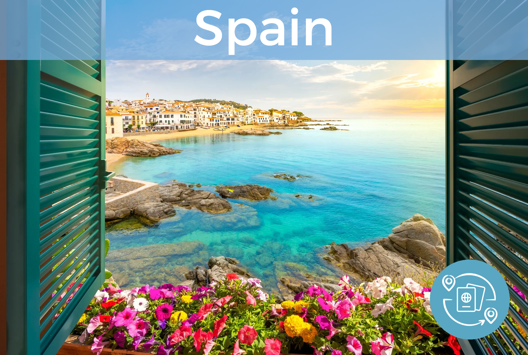 View from an open window to the clear blue sea with houses in the background with "Spain" written at the top