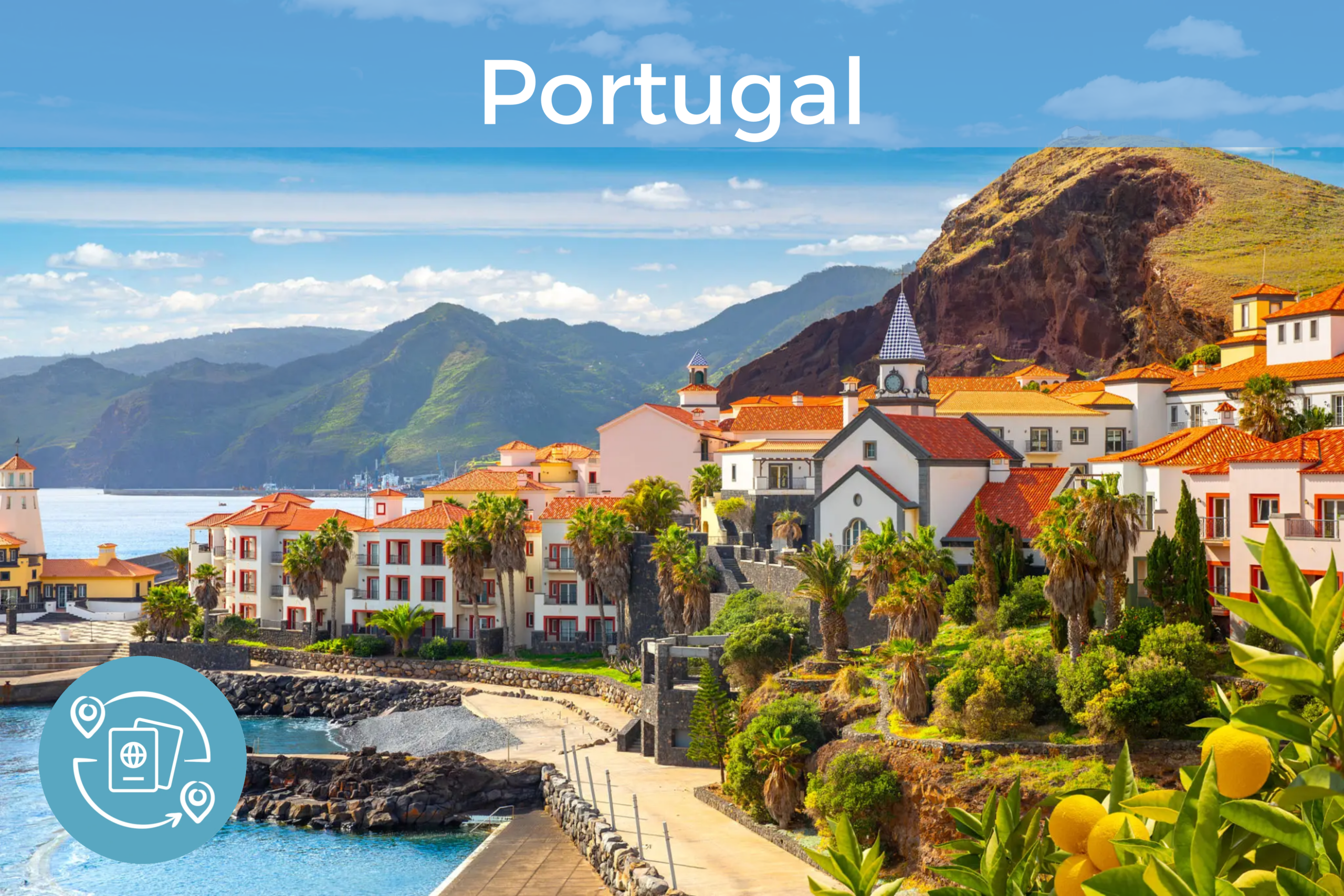 A sunny view of a village on the seaside in Portugal with the words "Portugal" overlayed