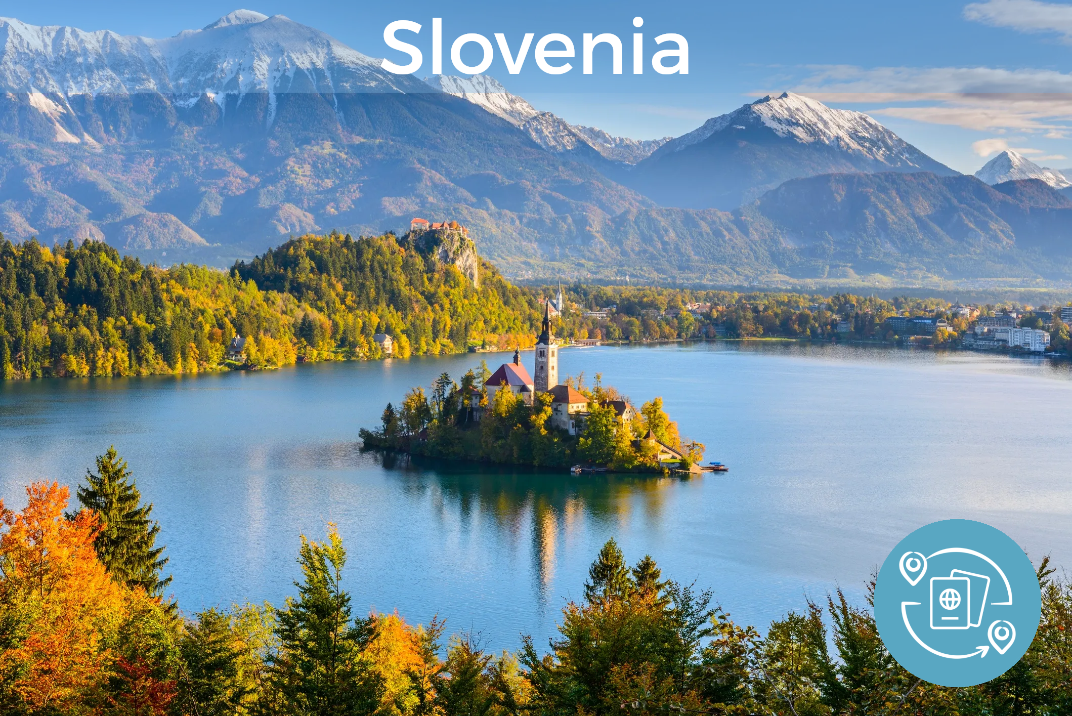 Image of Lake Bled in Slovenia with a church on an island in the middle with the words "Slovenia" at the top