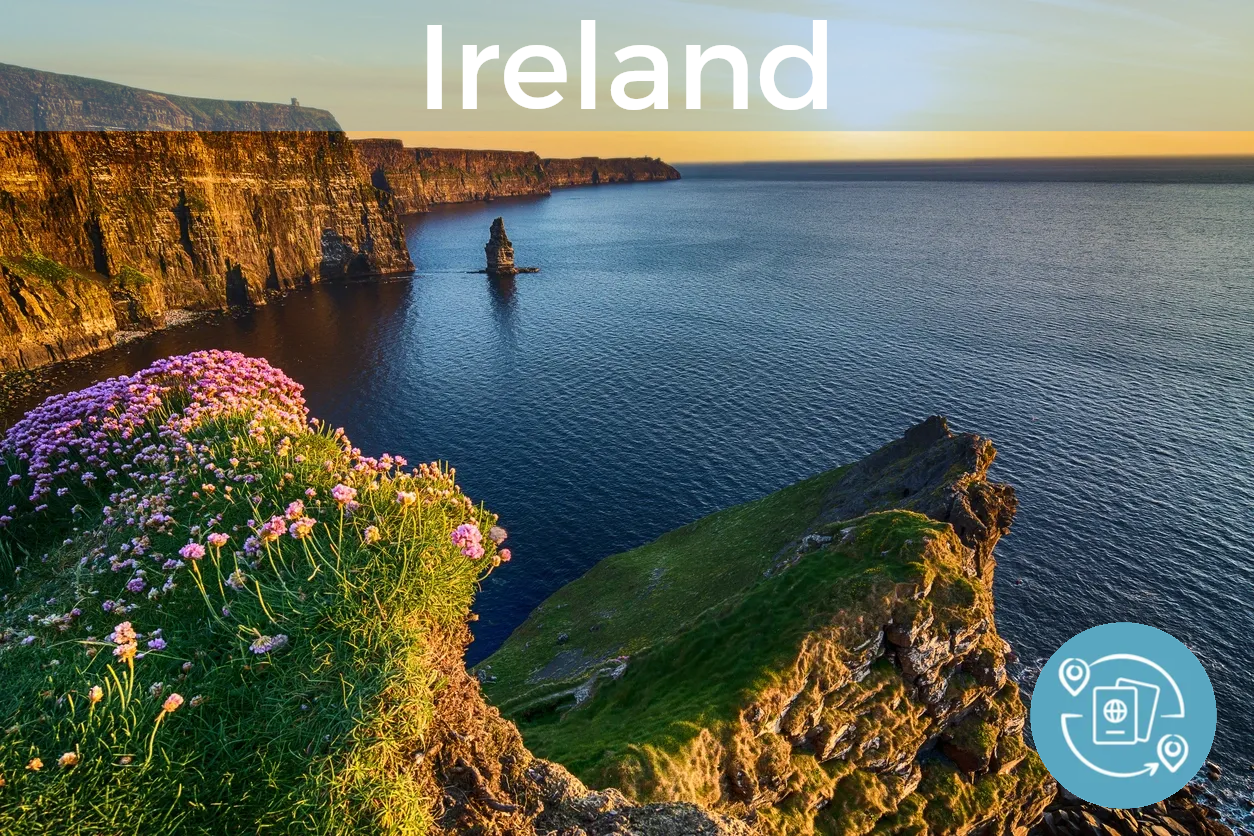View of the sea from the green cliffs of Ireland with the word "Ireland" at the top