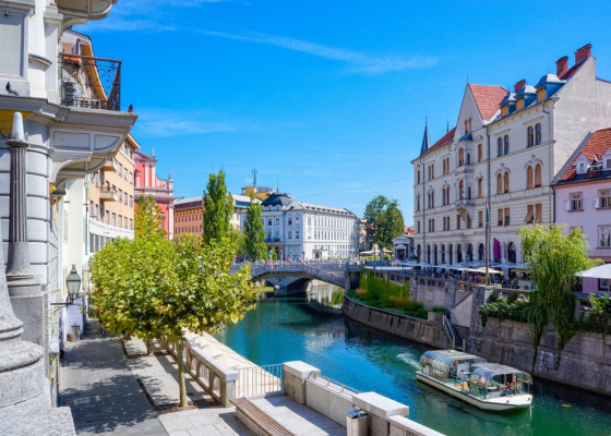 View of a canal from historical building in Slovenia