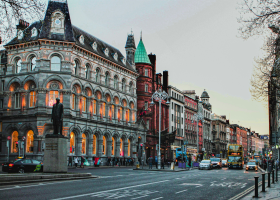 A view of the downtown section of an Irish city