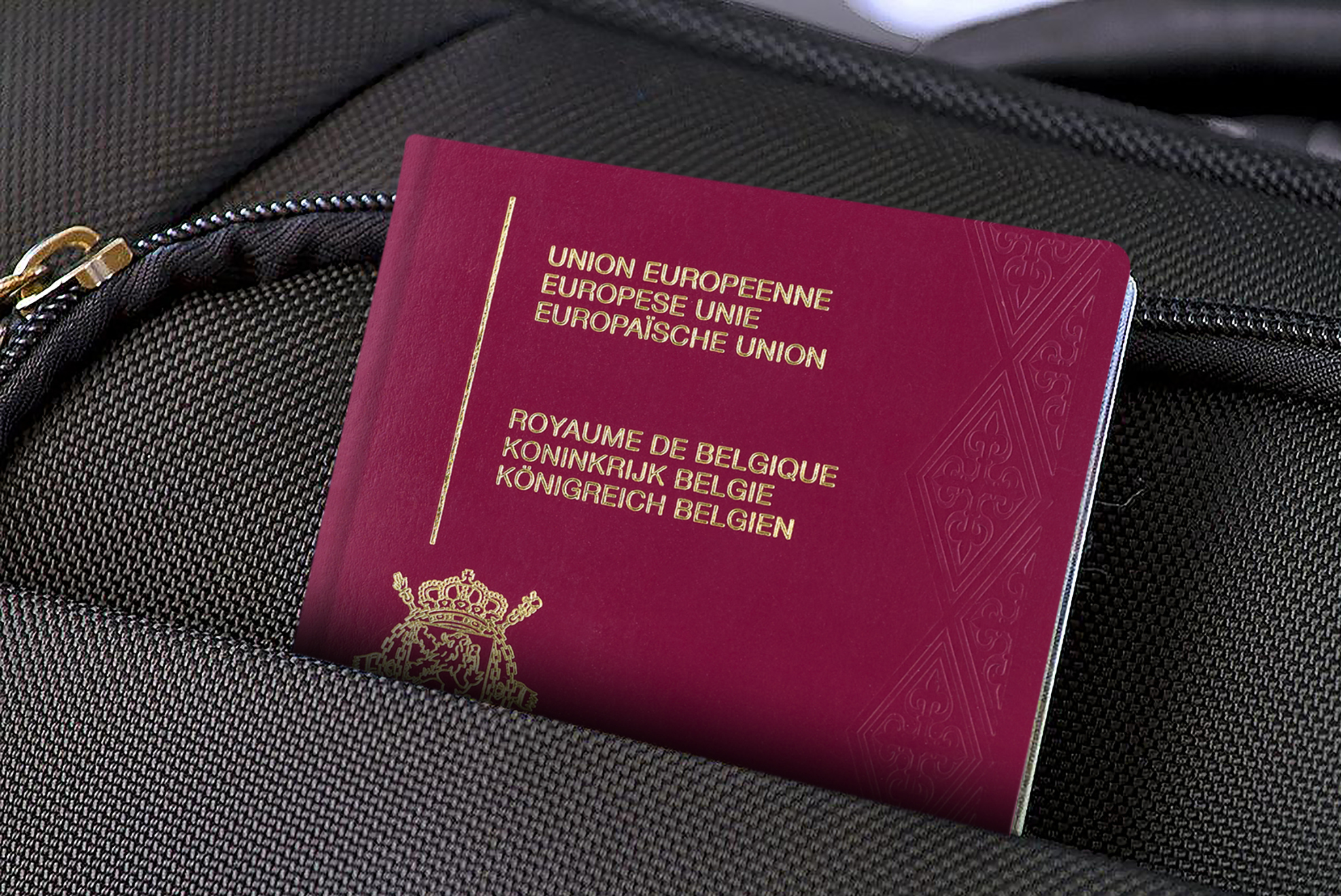 Belgian passport tucked into a briefcase