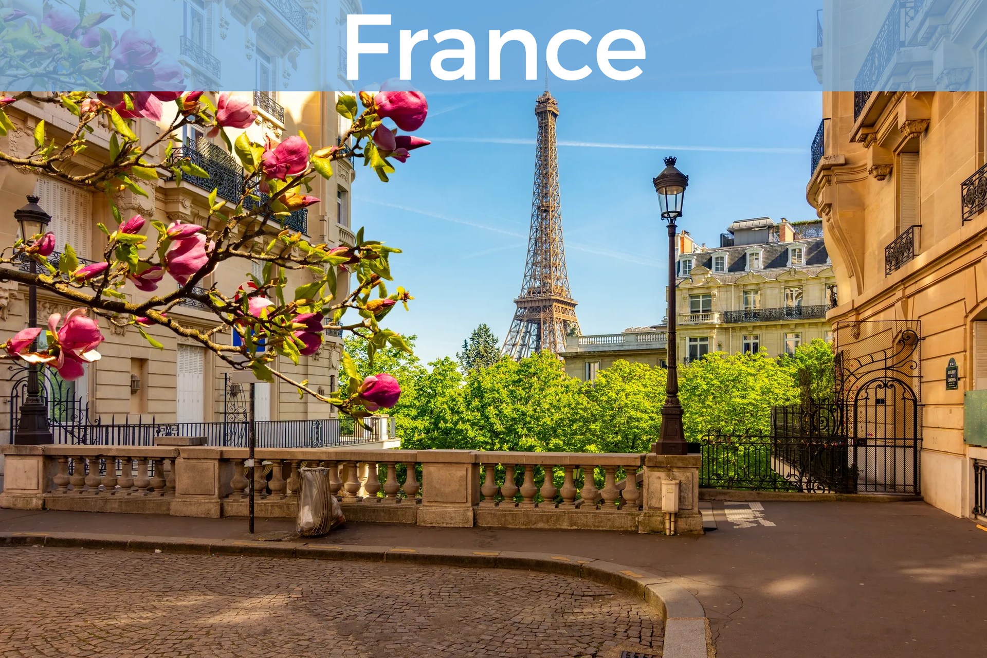 A view of the Eiffel Tower in Paris with "France" at the top. Click for more.