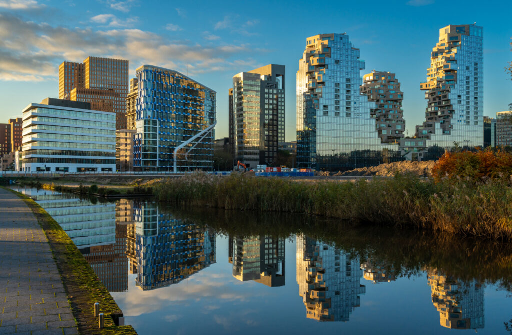 Skyline of a modern Dutch city with modern buildings