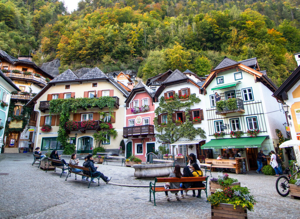 Hallstatt, Austria Main square of the famous Hallstatt mountain village in the Austrian Alps on Hallstatter lake