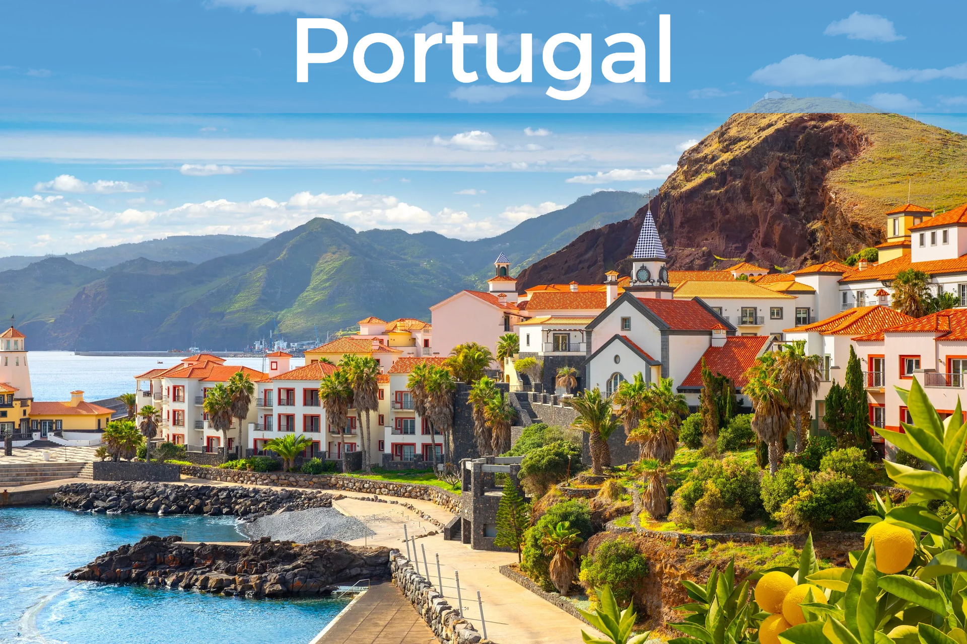 View of Portuguese village by the sea with "Portugal" at the top. Click for more.