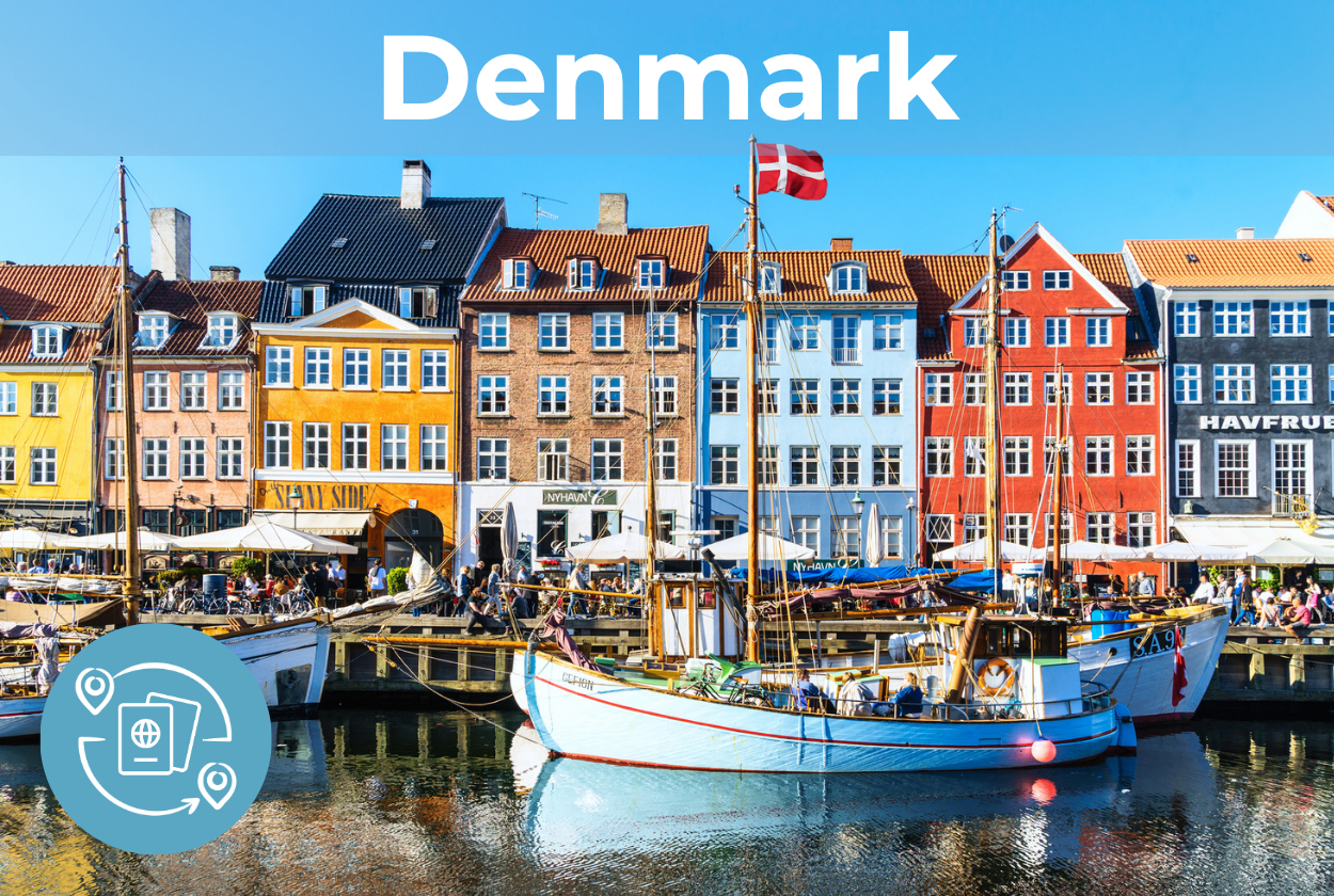 A boat in front of colorful buildings in Denmark with "Denmark" at the top