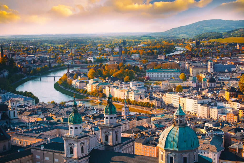 Aerial panoramic view in the city of Salzburg, Austria, with Salzach river.