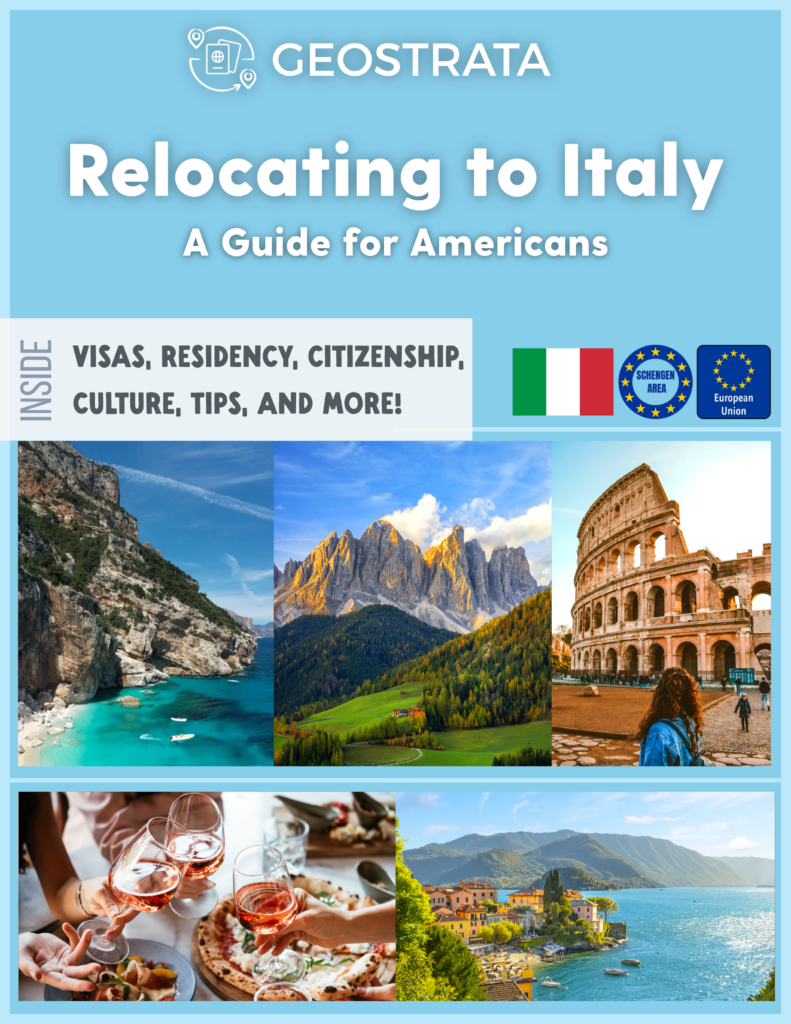 Front cover of Geostrata's eBook titled "Relocating to Italy: A Guide for Americans" with scenic images of Italy