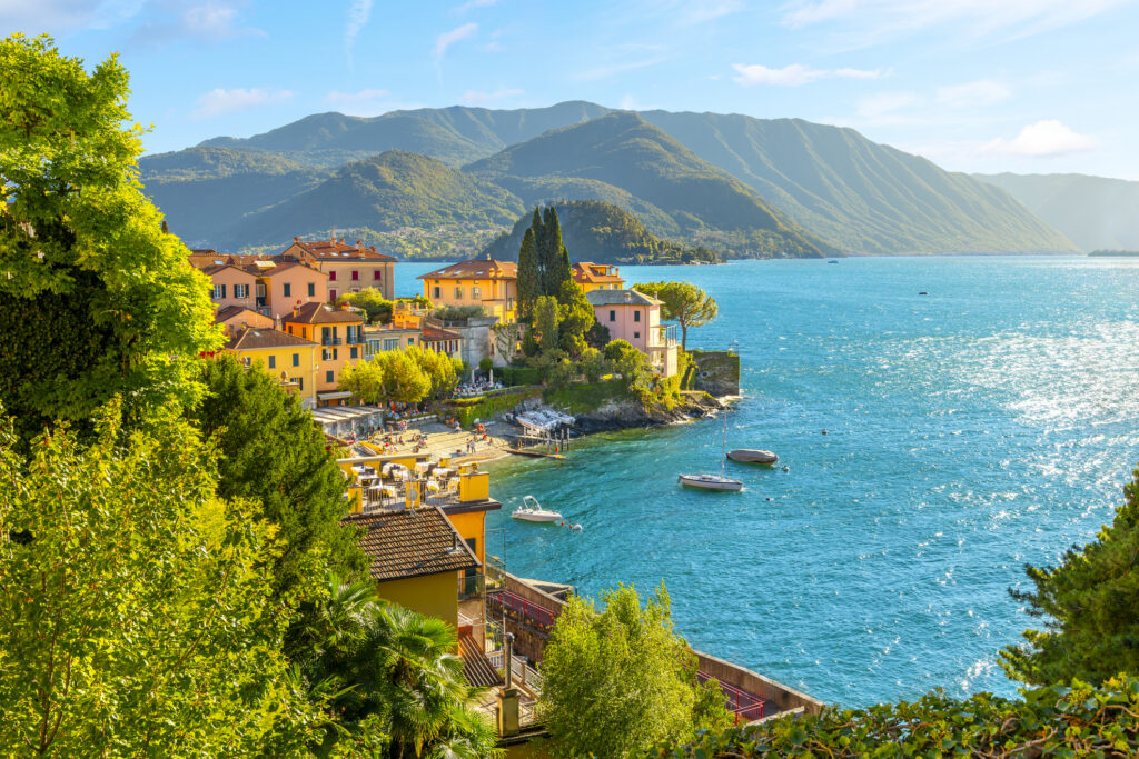 The coastline of the picturesque and colorful village of Varenna, Italy, on the shores of Lake Como in the Lombardy Lake District of Northern Italy.