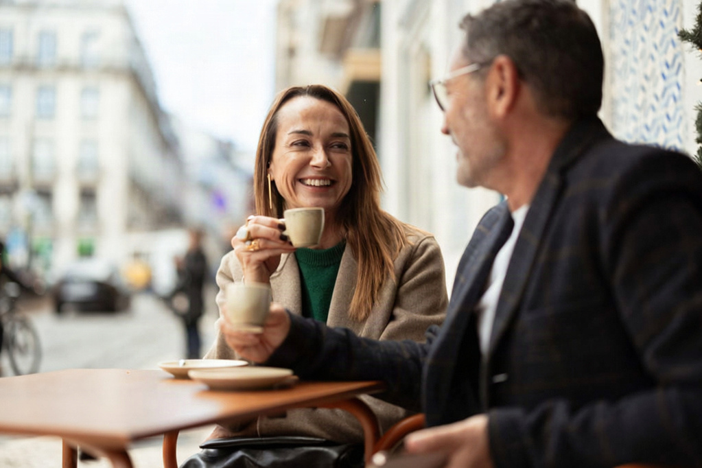Woman and her husband enjoying coffee in the city