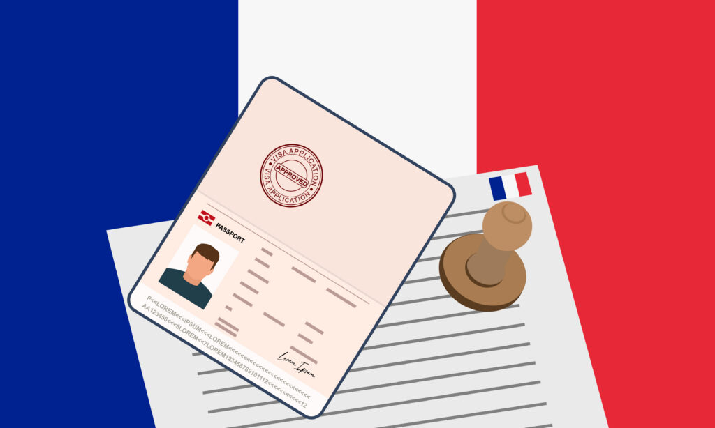 French visa and open stamped passport graphic.