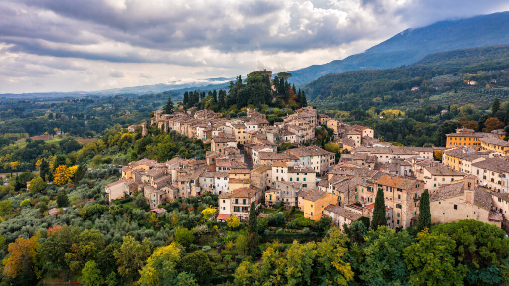 Village of Cetona from afar in Italy